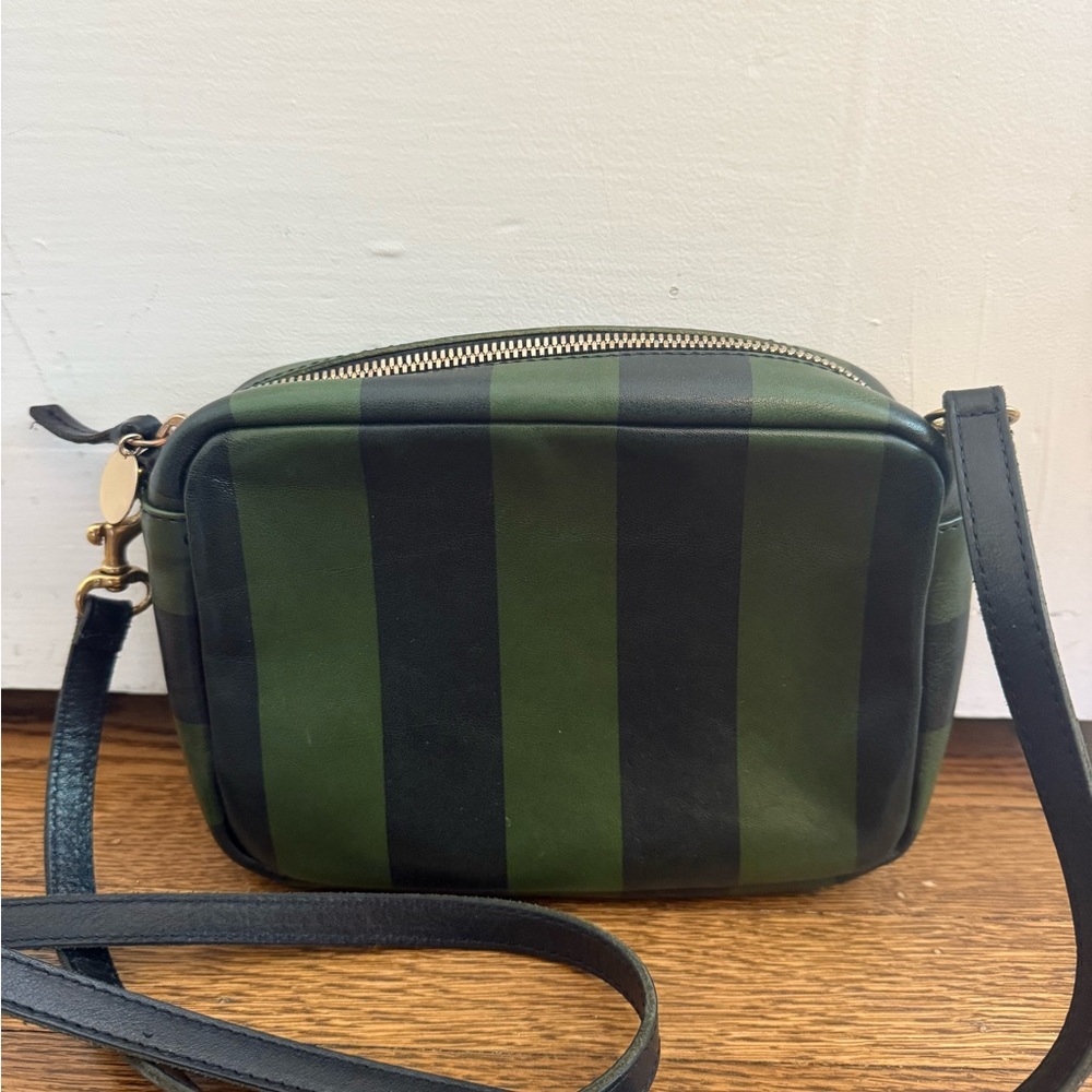 Clare V Green and Black Crossbody Bag with Stripes Midi Sac Black Fern
